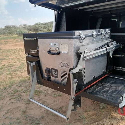 Quick Pitch Drop-Down Fridge Slide – Maintenance-Free Gas-Strut Assisted 4x4 Fridge Tray