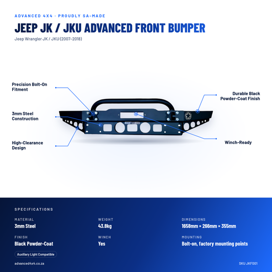 Jeep JK / JKU Advanced Front Bumper | 3mm Steel | Advanced 4x4 – features and specifications