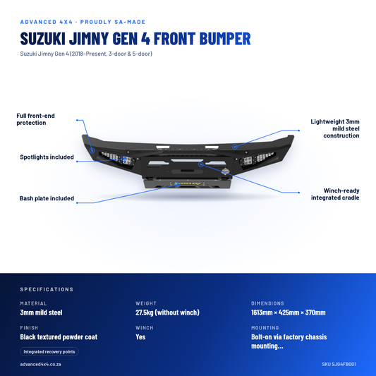 Suzuki Jimny Gen 4 Front Bumper | Winch Ready | Spotlights & Bash Plate Included | 3mm Mild Steel – features and specifications