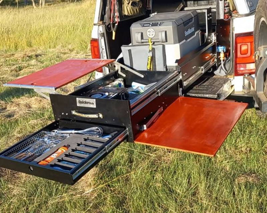 Quick Pitch Mini Kitchen MK2 – Drop-Down Fridge Slide & Dual Prep Table Camp Kitchen