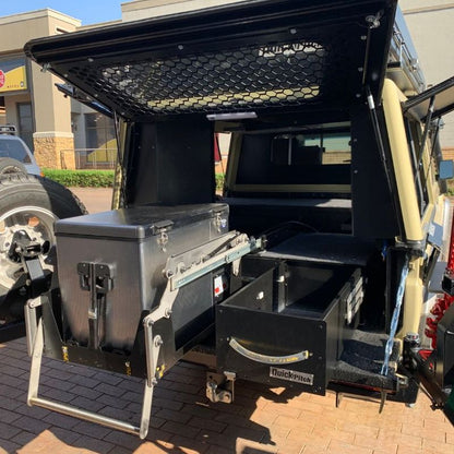 Quick Pitch Drop-Down Fridge Slide – Maintenance-Free Gas-Strut Assisted 4x4 Fridge Tray
