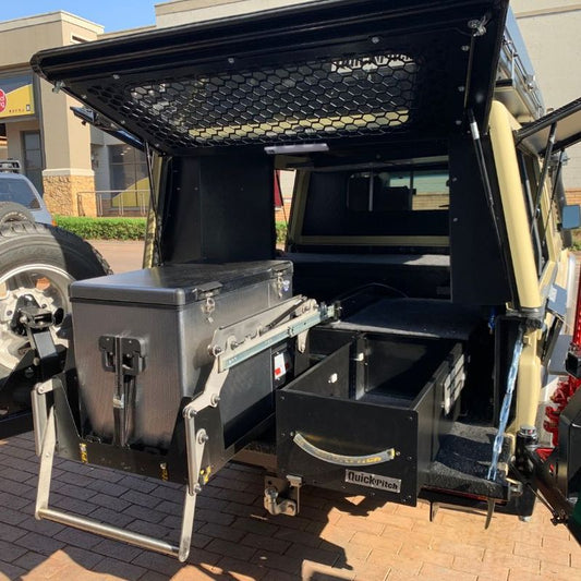 Quick Pitch Drop-Down Fridge Slide – Maintenance-Free Gas-Strut Assisted 4x4 Fridge Tray