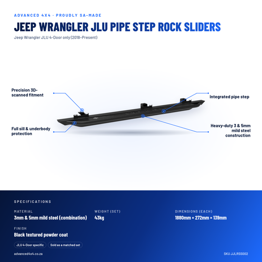 Jeep Wrangler JLU Pipe Step Rock Sliders | 3 & 5mm Mild Steel | 43kg Set | 2018–Present | SA-Made – features and specifications