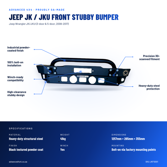 Jeep Wrangler JK / JKU Advanced Front Stubby Bumper Steel (2008-2017) - Advanced 4x4 – features and specifications