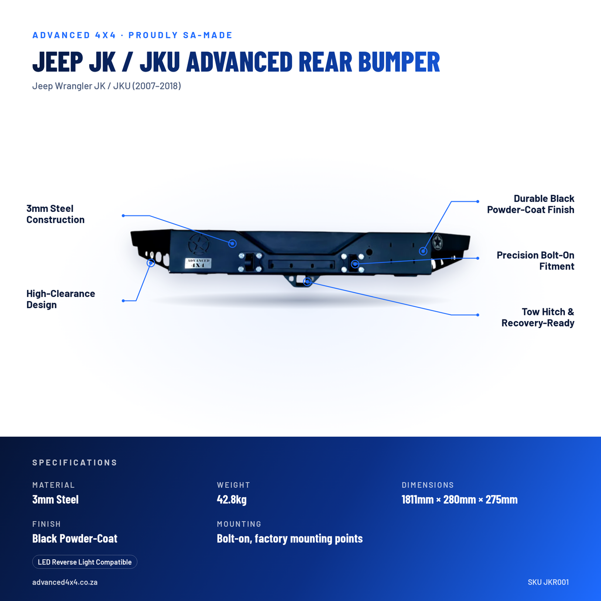 Jeep JK / JKU Advanced Rear Bumper | 3mm Steel | Advanced 4x4 – features and specifications
