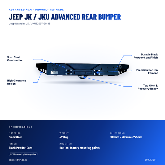 Jeep JK / JKU Advanced Rear Bumper | 3mm Steel | Advanced 4x4 – features and specifications