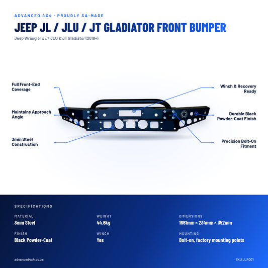 Jeep JL / JLU / JT Gladiator Front Bumper | 3mm Steel | Advanced 4x4 – features and specifications