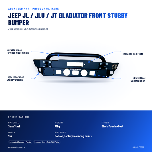 Jeep JL / JLU / JT Gladiator Front Stubby Bumper | 3mm Steel | Advanced 4x4 – features and specifications