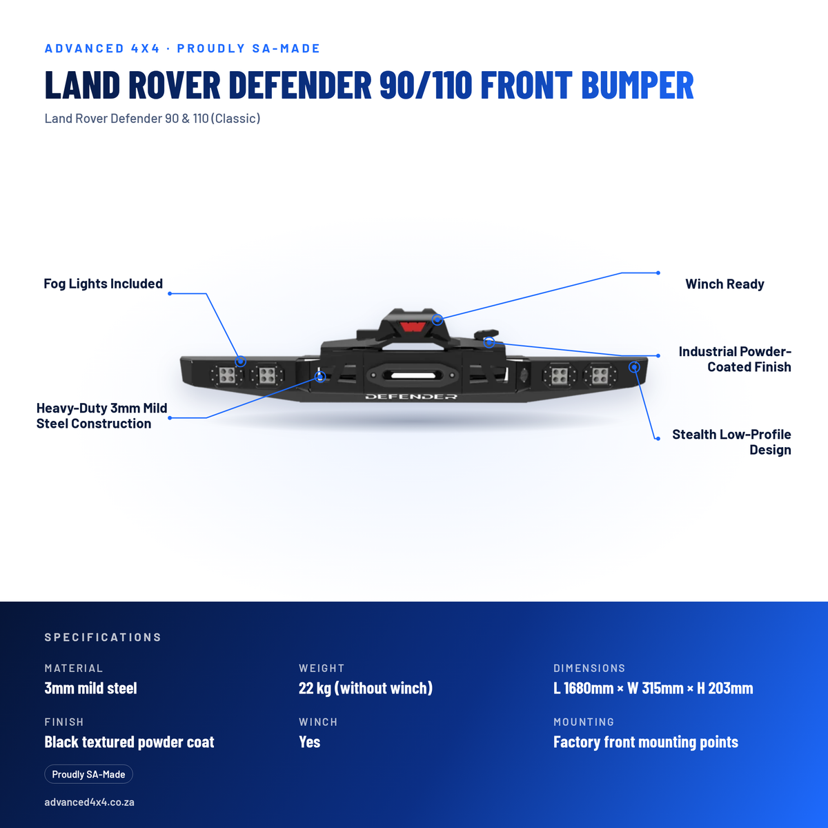 Land Rover Defender 90/110 Front Bumper | Winch Ready | Fog Lights | 3mm Mild Steel | SA-Made – features and specifications