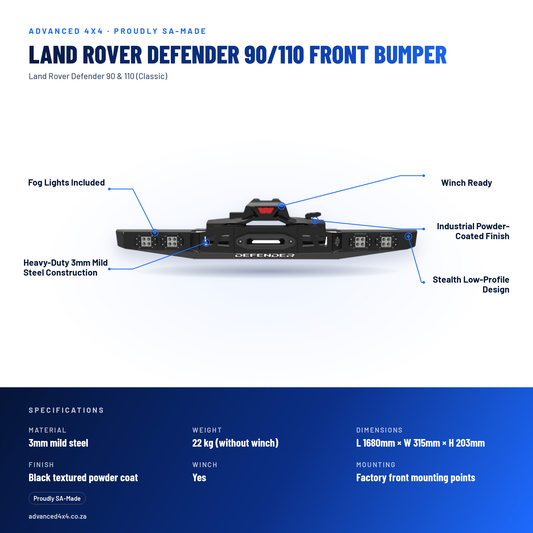 Land Rover Defender 90/110 Front Bumper | Winch Ready | Fog Lights | 3mm Mild Steel | SA-Made – features and specifications