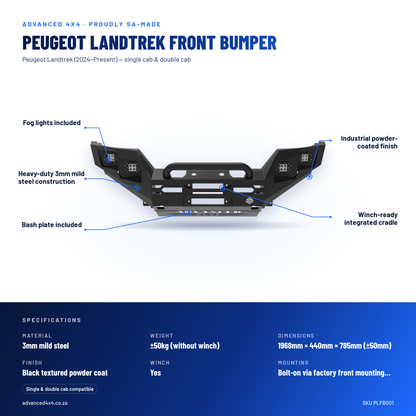 Peugeot Landtrek Front Bumper | Winch Ready | Fog Lights & Bash Plate | 3mm Mild Steel | SA-Made – features and specifications