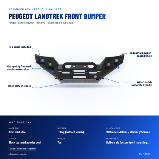 Peugeot Landtrek Front Bumper | Winch Ready | Fog Lights & Bash Plate | 3mm Mild Steel | SA-Made – features and specifications