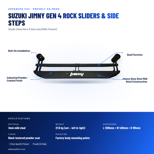 Suzuki Jimny Gen 4 Rock Sliders & Side Steps | 3-Door | 3mm Mild Steel | SA-Made – features and specifications