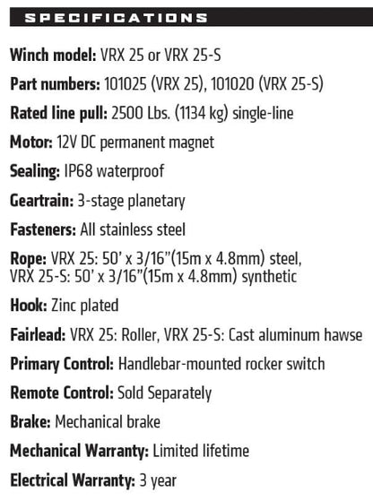 WARN VRX 25 2,500lb 12V ATV Winch - Steel Cable