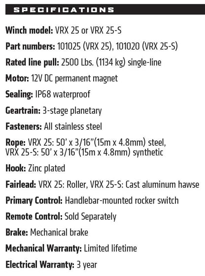 WARN VRX 25-S 2,500lb 12V ATV Winch - Synthetic Rope