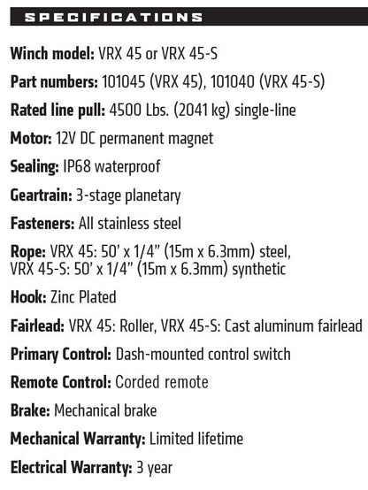 WARN VRX 45-S 4,500lb 12V ATV/UTV Winch - Synthetic Rope